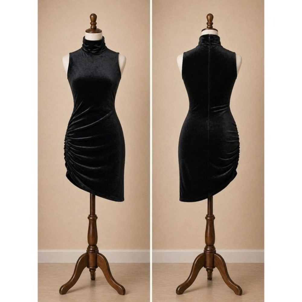 Black Velvet Bodycon Dress XS The Drop Mock Neck Party Night Out Mini